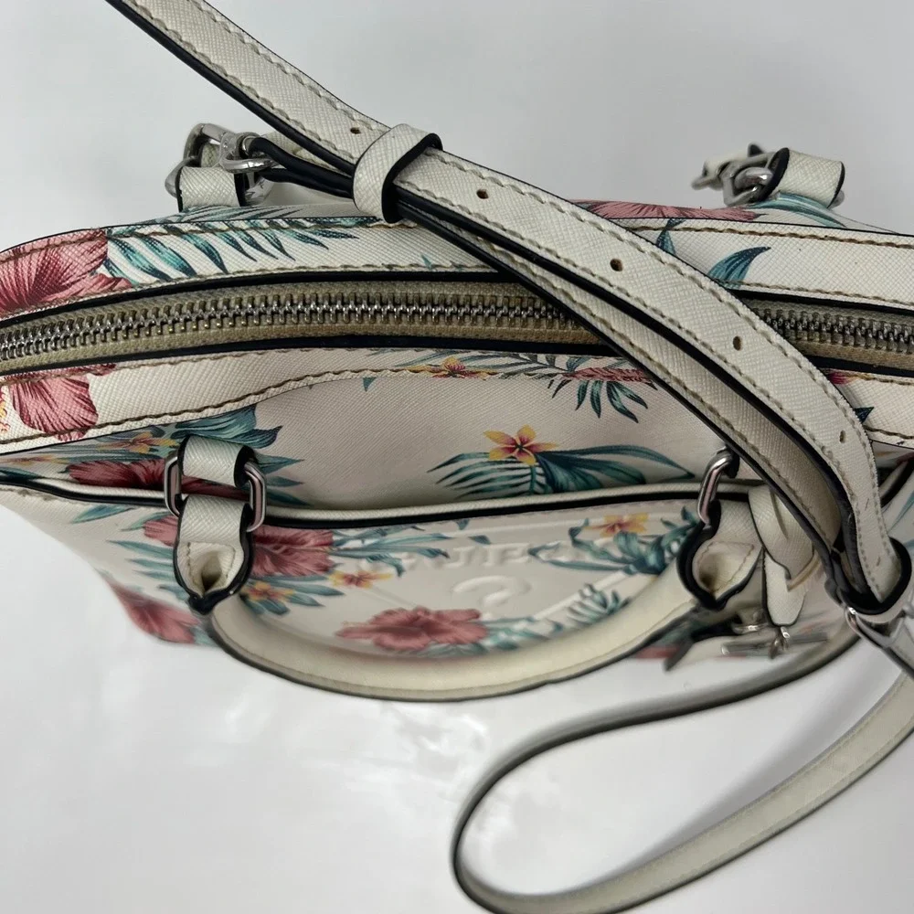 GUESS White Floral Tropical Hibiscus Dome Satchel Crossbody Bag‎ Silver Hardware
